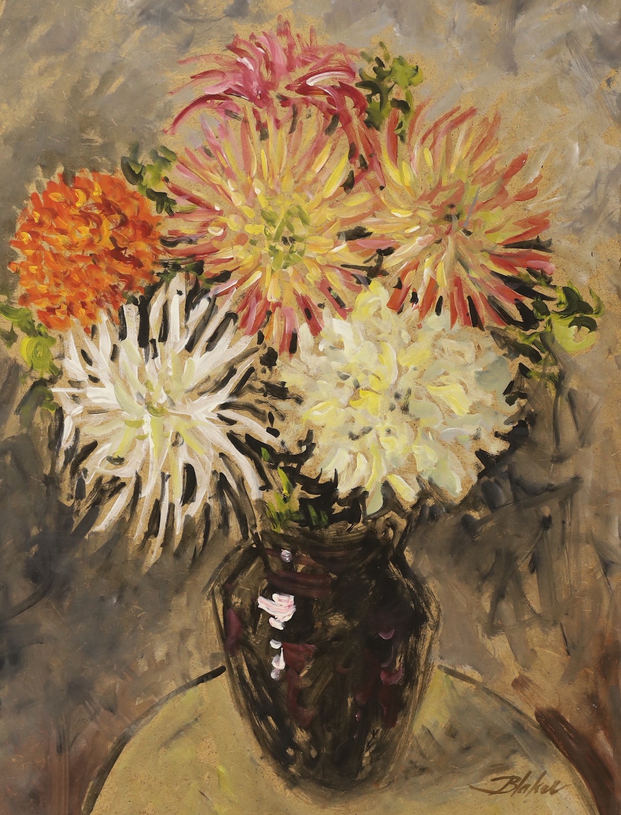 Michael Blaker (1928-2018) - Two still life subjects - vase of flowers, oil on board, signed, unframed, 72 x 61cms. and chrysanthemums in vase, oil on board, signed, unframed, 45 x 35.5cms.